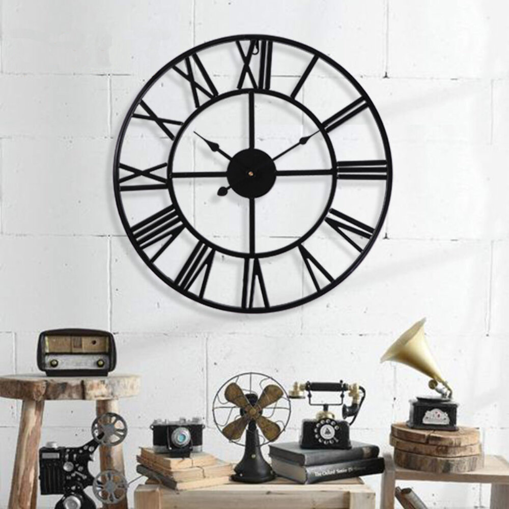 40cm/50cm Black European Creative Wall Clock Vintage Decorative Wrought Iron Roman Wall Clock Silent
