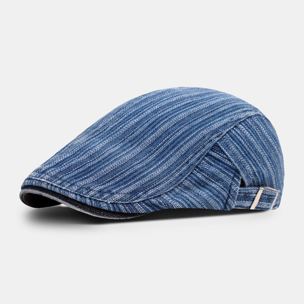 Men Newsboy Hat Denim Stripes Pattern Side Adjustable Sunshade Beret Flat Cap