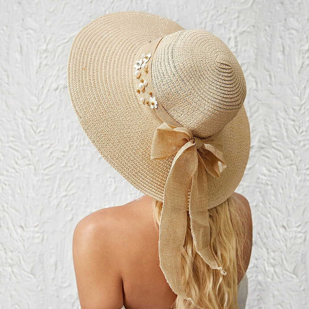Women Straw Solid Color Elegant Big Brim Pearl Bowknot Wavy Edge Visor Sun Hat Beach Hat Bucket Hat