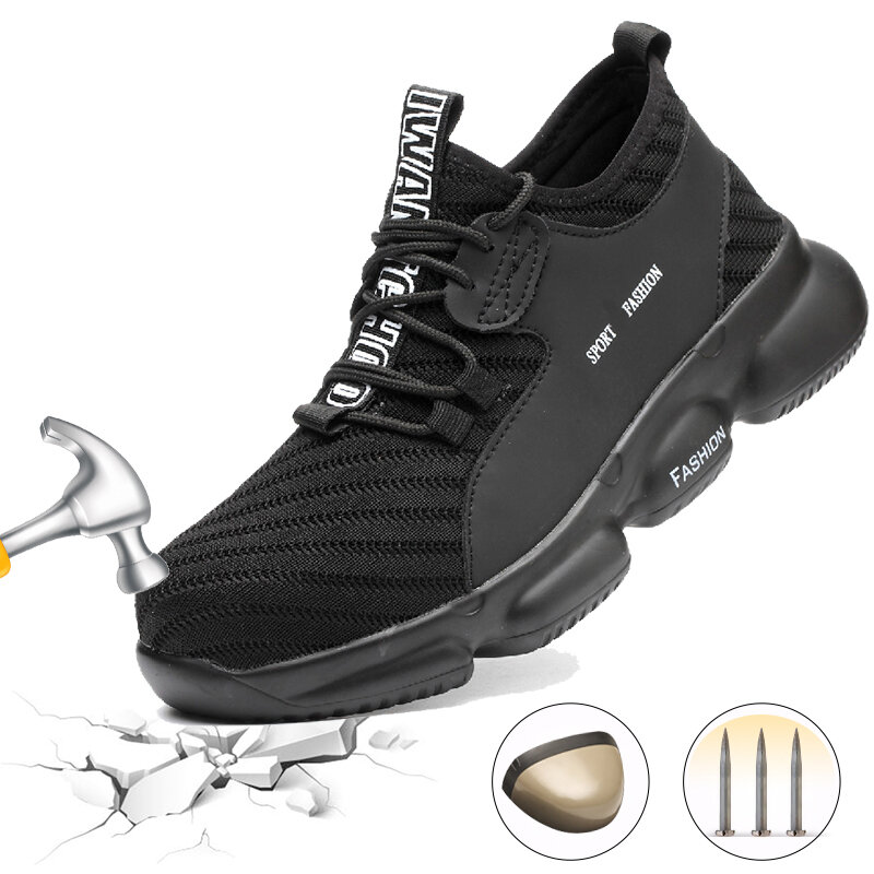 Sapatos de segurança unissex com biqueira de aço, resistente à perfuração, respiráveis com malha, sola antiderrapante para corrida, caminhada, caminhada e camping.