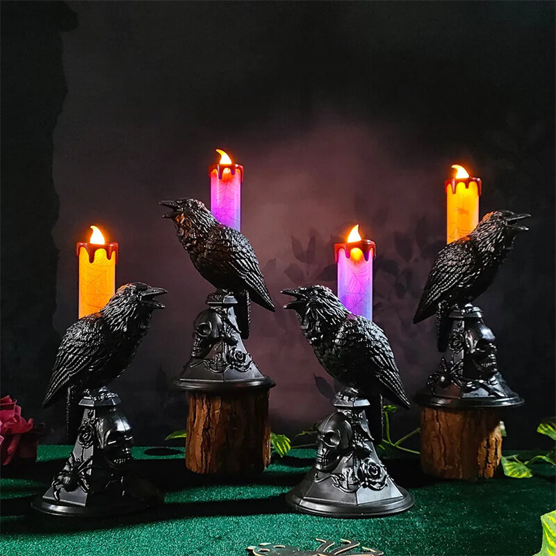 

Halloween Party Decor Black Crow Candlestick Lamp Smokefree Battery Operated LED Candle Holder Halloween Horror Props Su