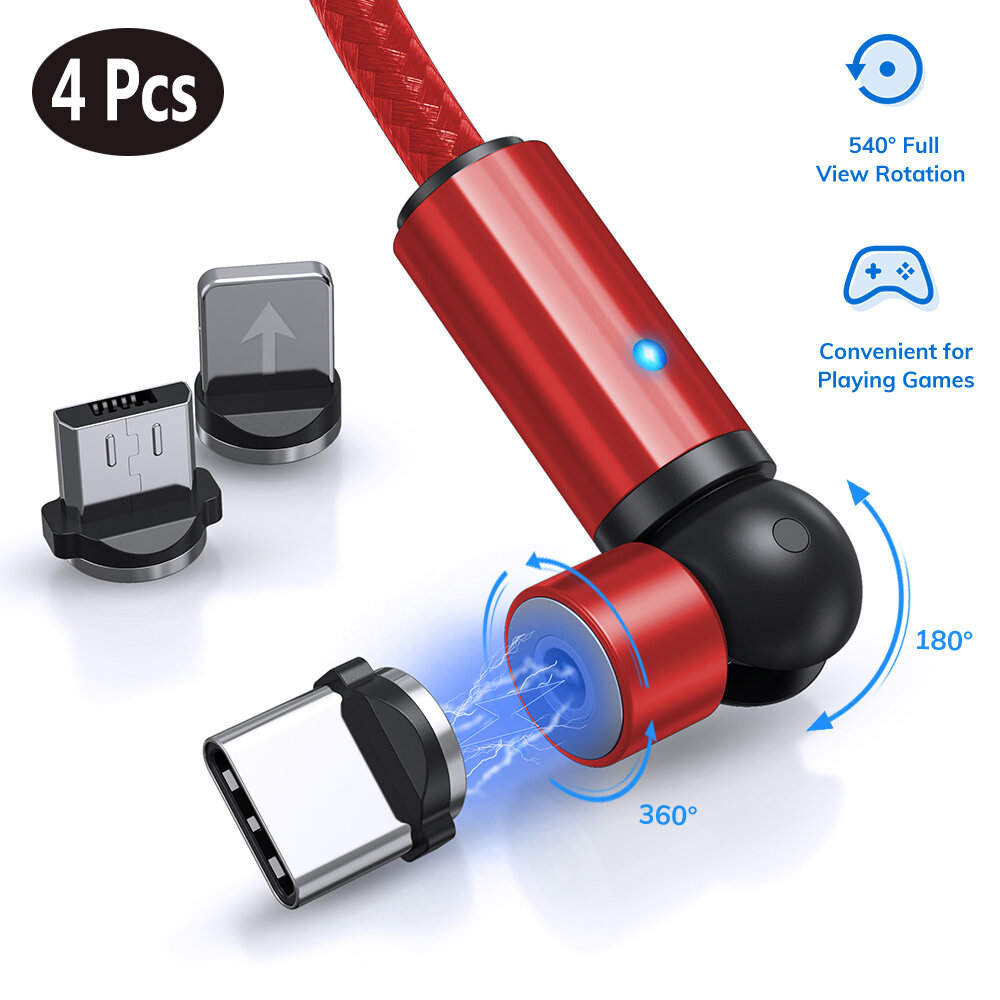 

[4Pcs Red] TOPK AM68 3 In 1 Magnetic Cable 540° Rotation Elbow LED Indicator Fast Charging Data Transmission Cord Line 1