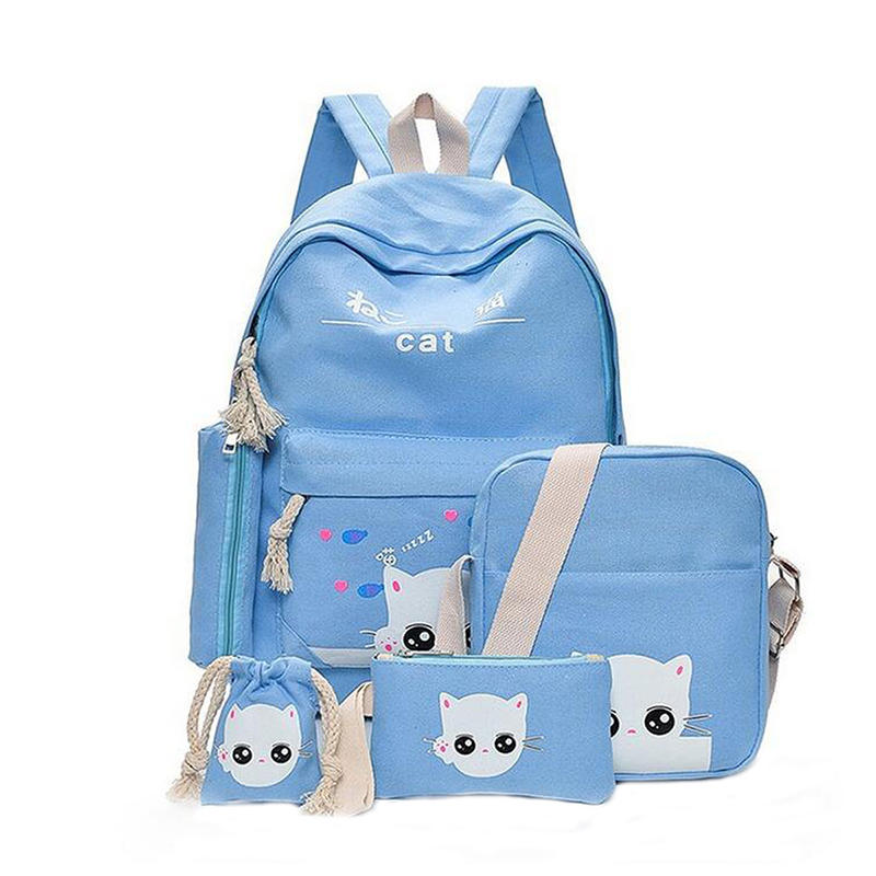 5Pcs/set Canvas Backpack Cat Large Capacity School Bags Camping Multi-function Travel  Bag