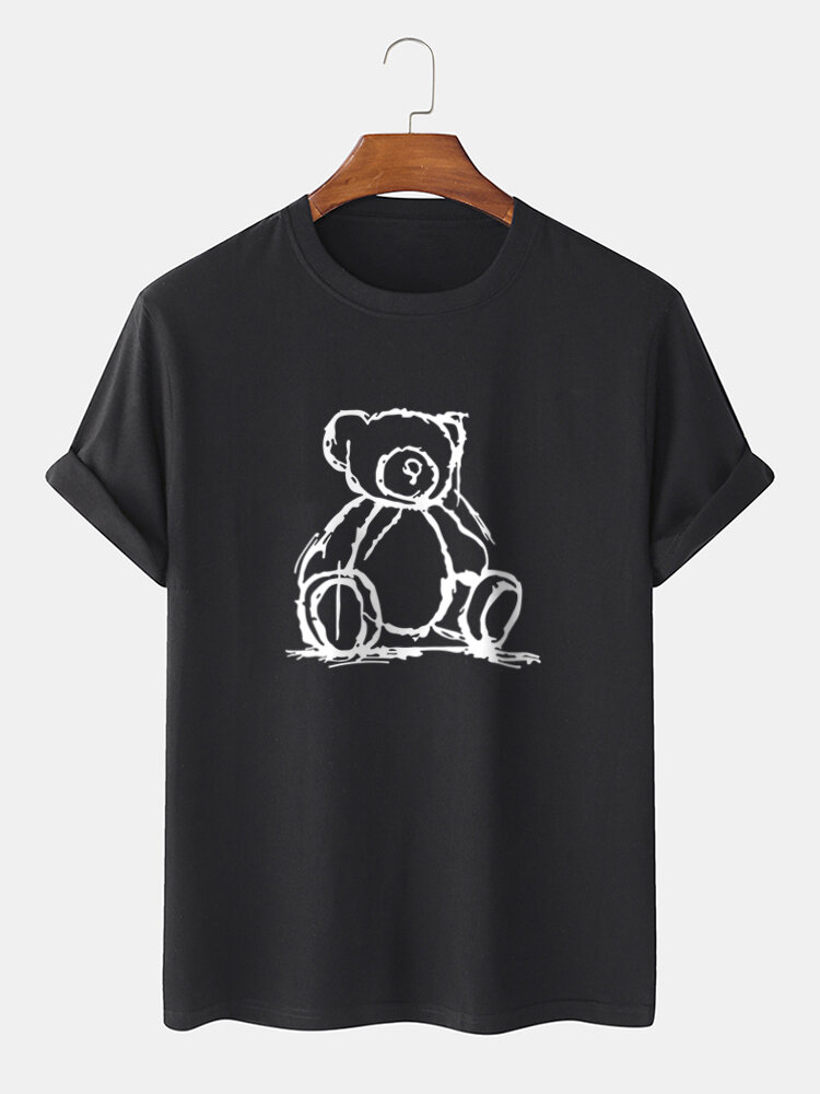 Mens 100% Cotton Stick Figure Bear Print Short Sleeve T-Shirts