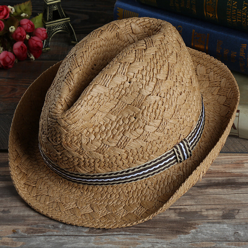 

Mens Outdoor Handmade Woven Straw Jazz Hat Sun Protection Short BrimmedFedora Cap Visor