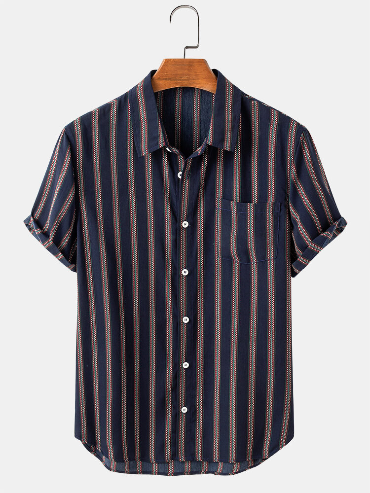 

Mens Print Vertical Stripes Lapel Collar Casual Short Sleeve Shirts With Pocket