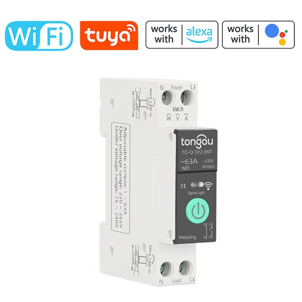 

Tuya Intelligent Circuit Breaker with Metering 1P 63A DIN Rail Support 3 Timing Modes Multiple Safety Protecting APP Rem