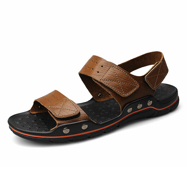 Men comfy breathable genuine leather hook loop sandals Sale - Banggood ...