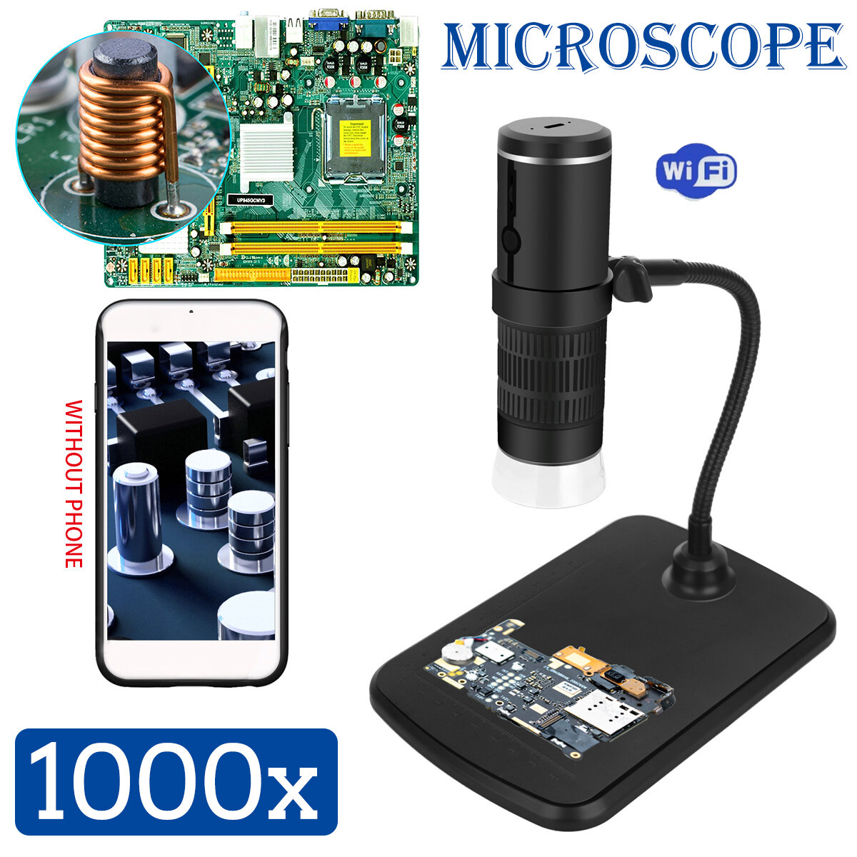 1000X Digital Microscope HD 1080P LED USB WiFi Microscope Mobile Phone Microscope Camera for Smartphone PCB Inspection T