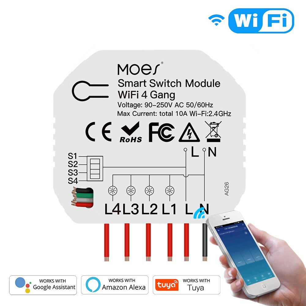 

Tuya Smart Life 4 Gang WiFi Smart Light Switch 1/2 Way Wireless Module App Remote Timer Switch On-off Device Works with