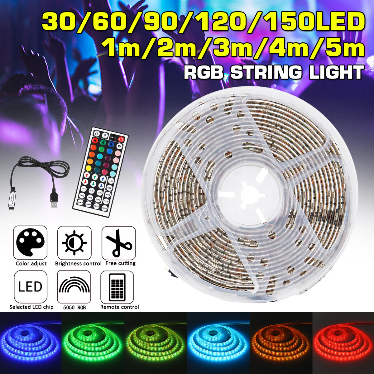 Waterdichte USB 5050 RGB LED-strip Lichte kleur veranderende tape Flexibele keukenlamp DC5V + 44Keys