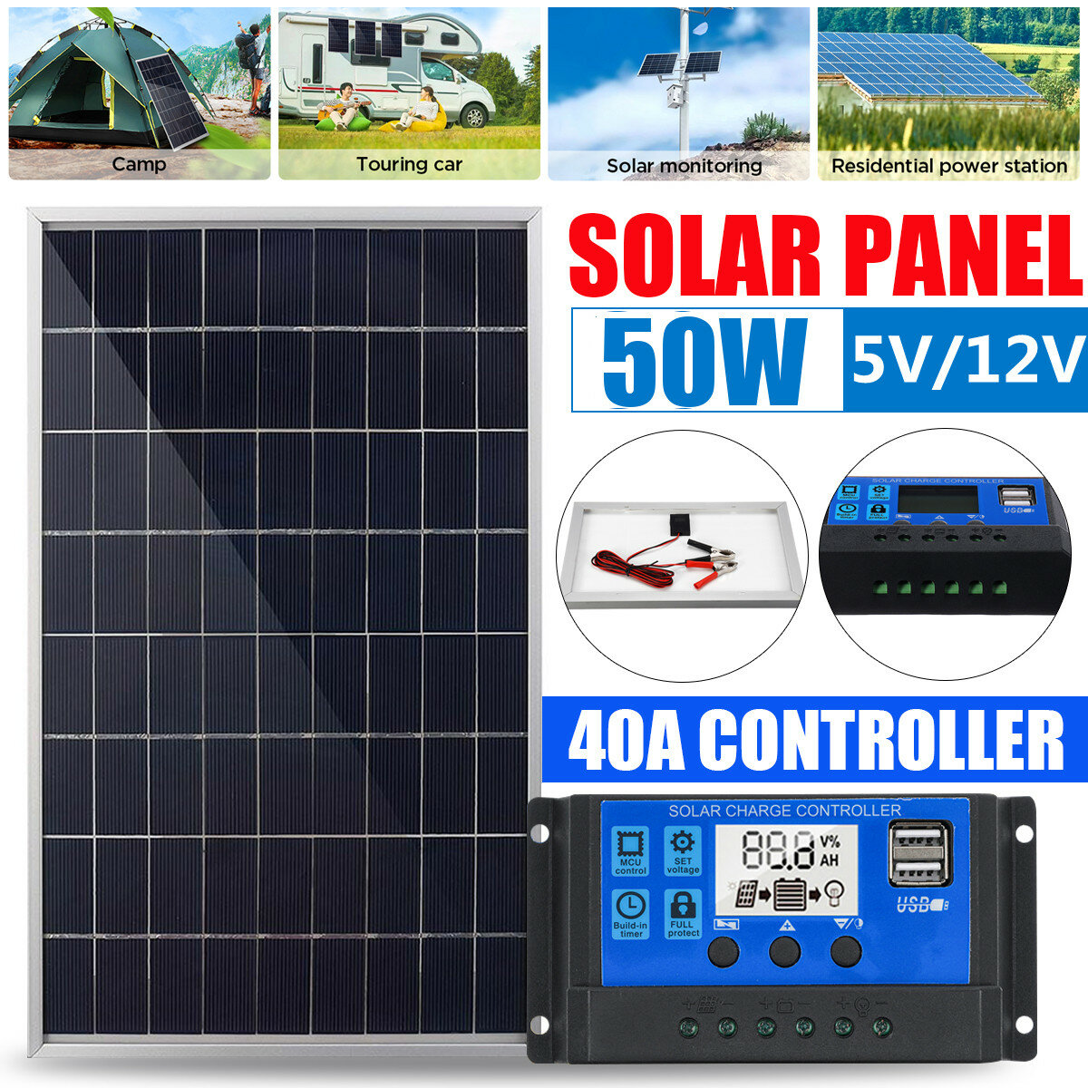 

20W Solar Panel kit 5V/12V battery Charger 10A LCD Controller For Caravan Van Boat