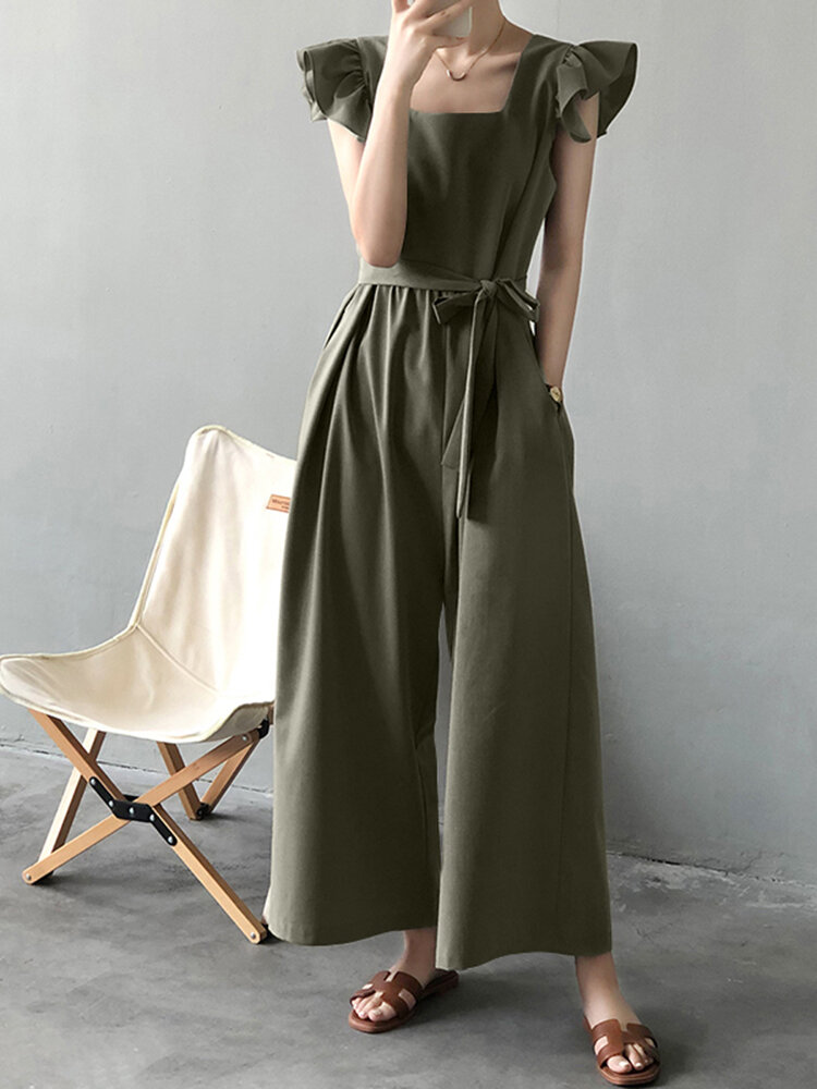 Solid Ruffle Sleeve Pocket Square Collar Wide Leg Jumpsuit