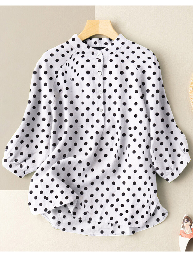 Dot Print Stand Collar Button 3/4 Sleeve Blouse For Women