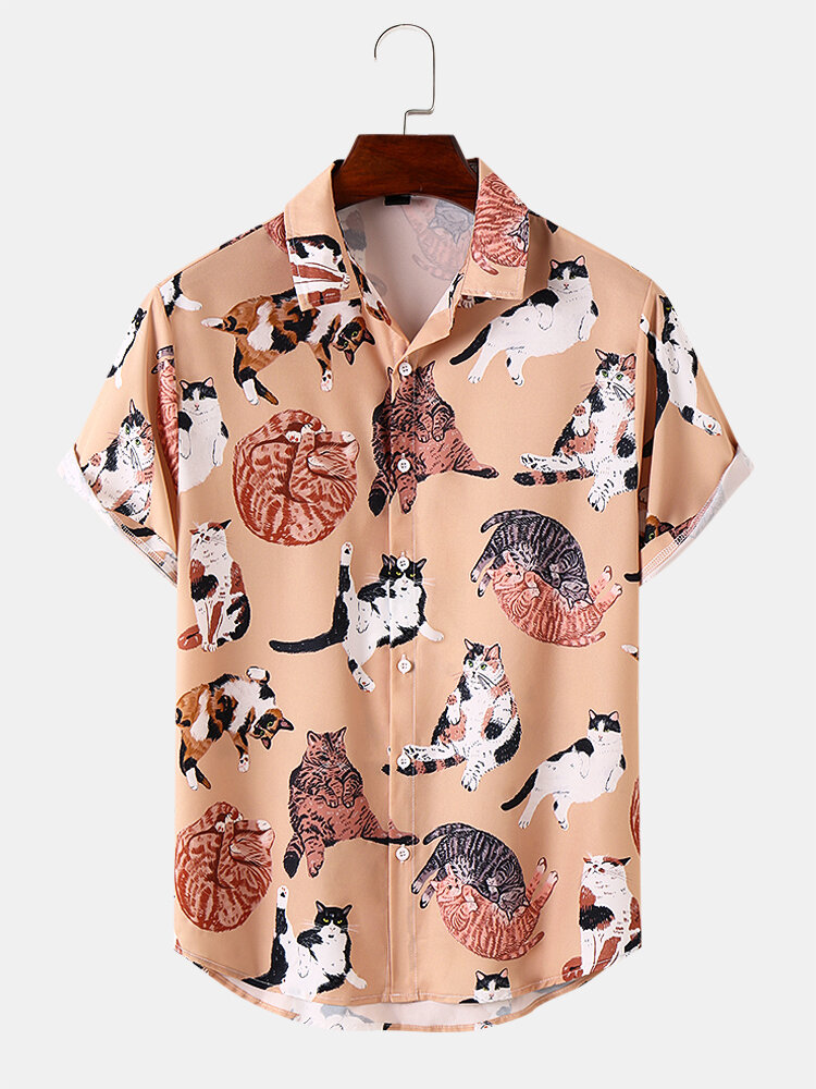 Mens Allover Cats Print Short Sleeve Front Buttons Shirts