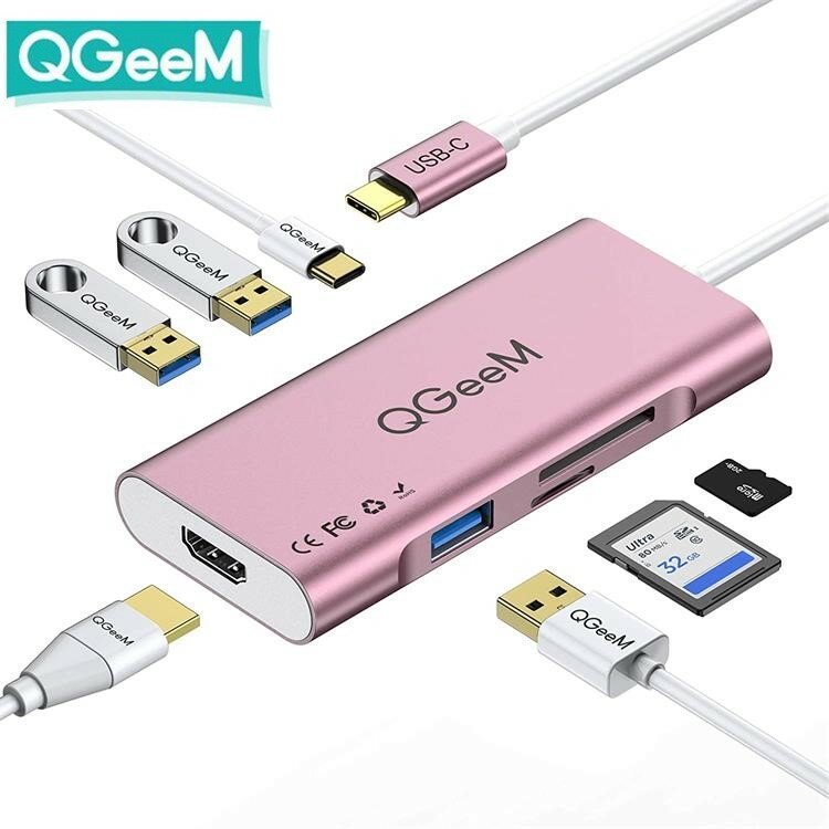 

QGeeM 7-in-1 USB-C HUB Docking Station Adapter With USB-C 100W Power Delivery / USB3.0*3 / 4K HD Display / Memory Card R