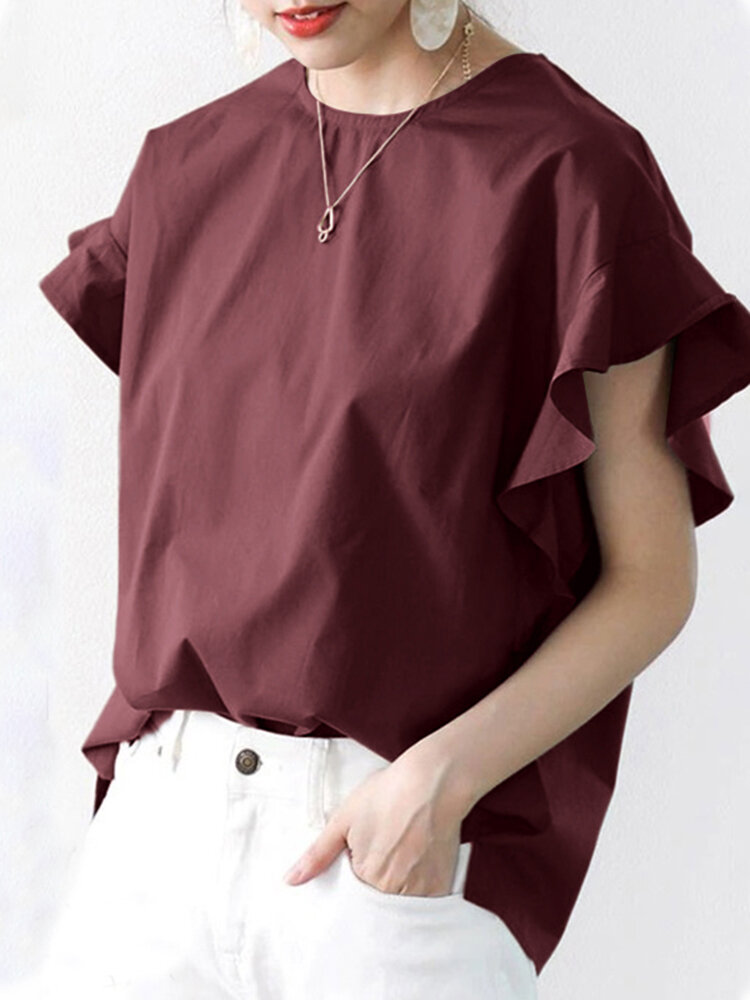 

Solid Ruffle Round Neck Bat Sleeve Casual Blouse