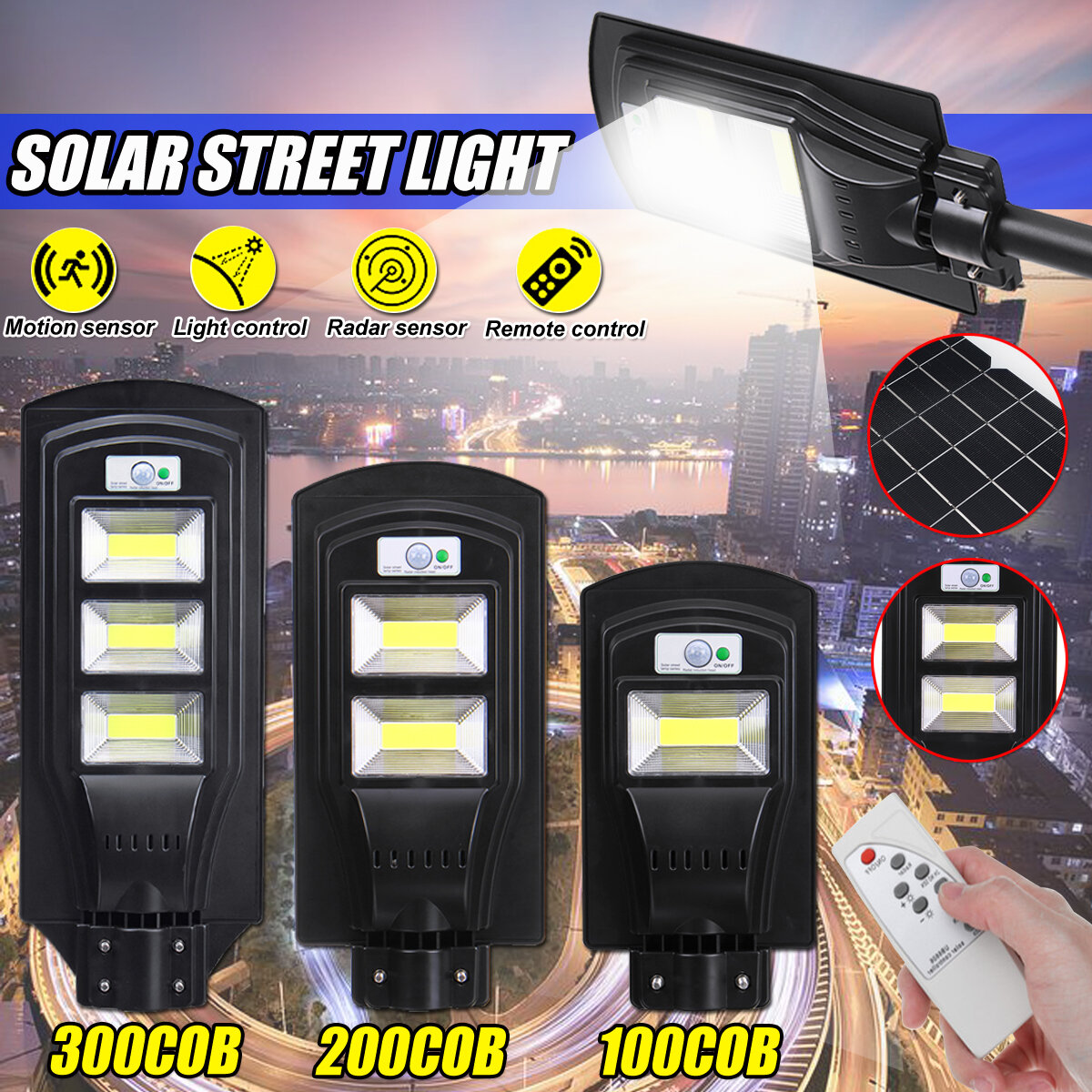 100200300COB LED Solar Street Light PIR Motion Radar Sensor Outdoor Wall LampRemote Control