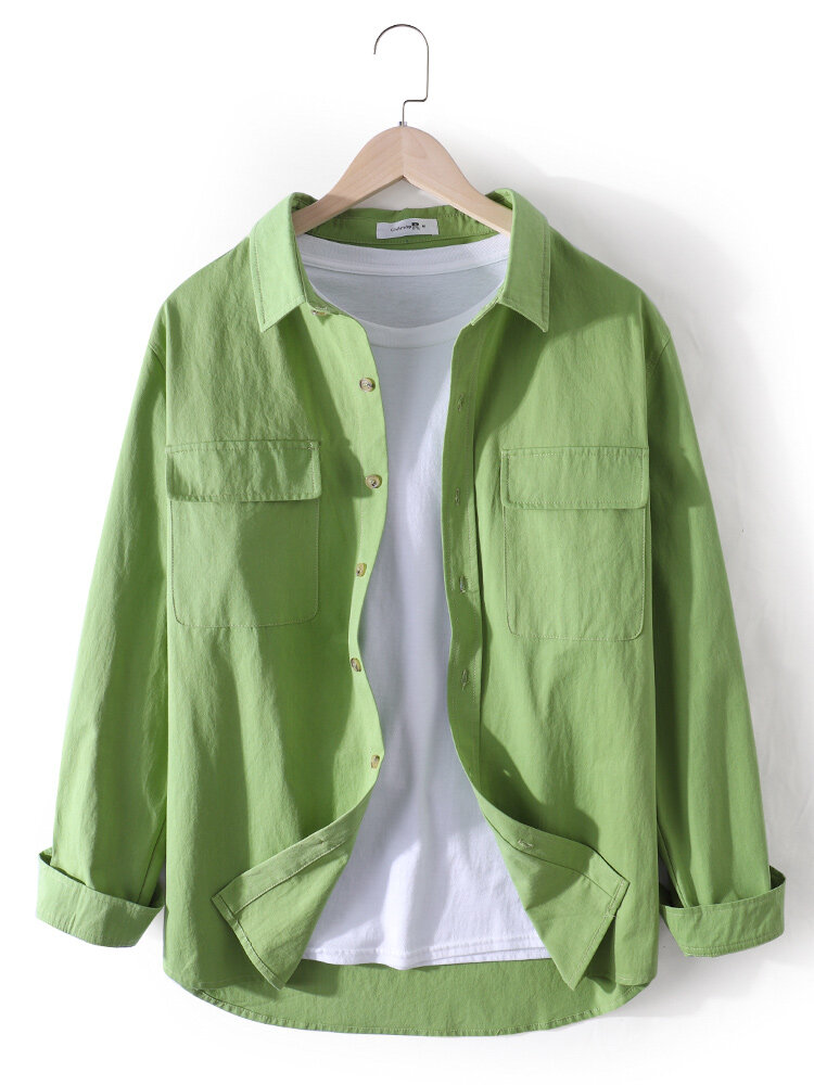 

Banggood Design Mens 100% Cotton Pure Color Lapel Long Sleeve Shirts With Flap Pockets