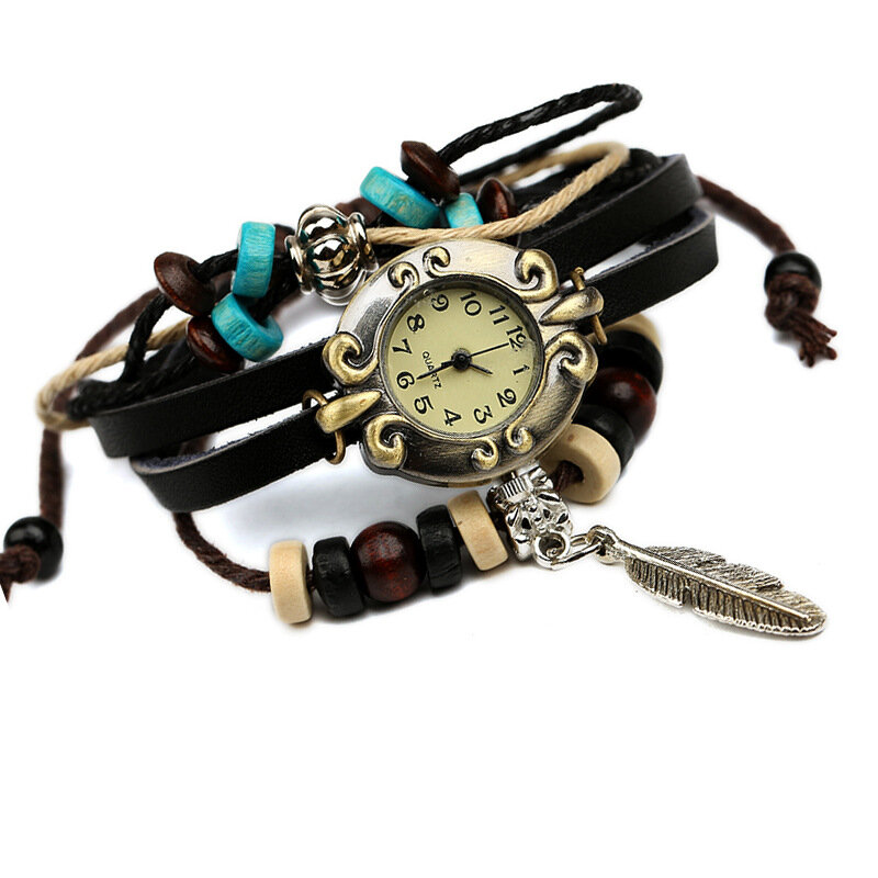 

Deffrun Multilayer Cow Leather Band Bracelet Watch Leaf Pendant Small Dial Women Quartz Watch