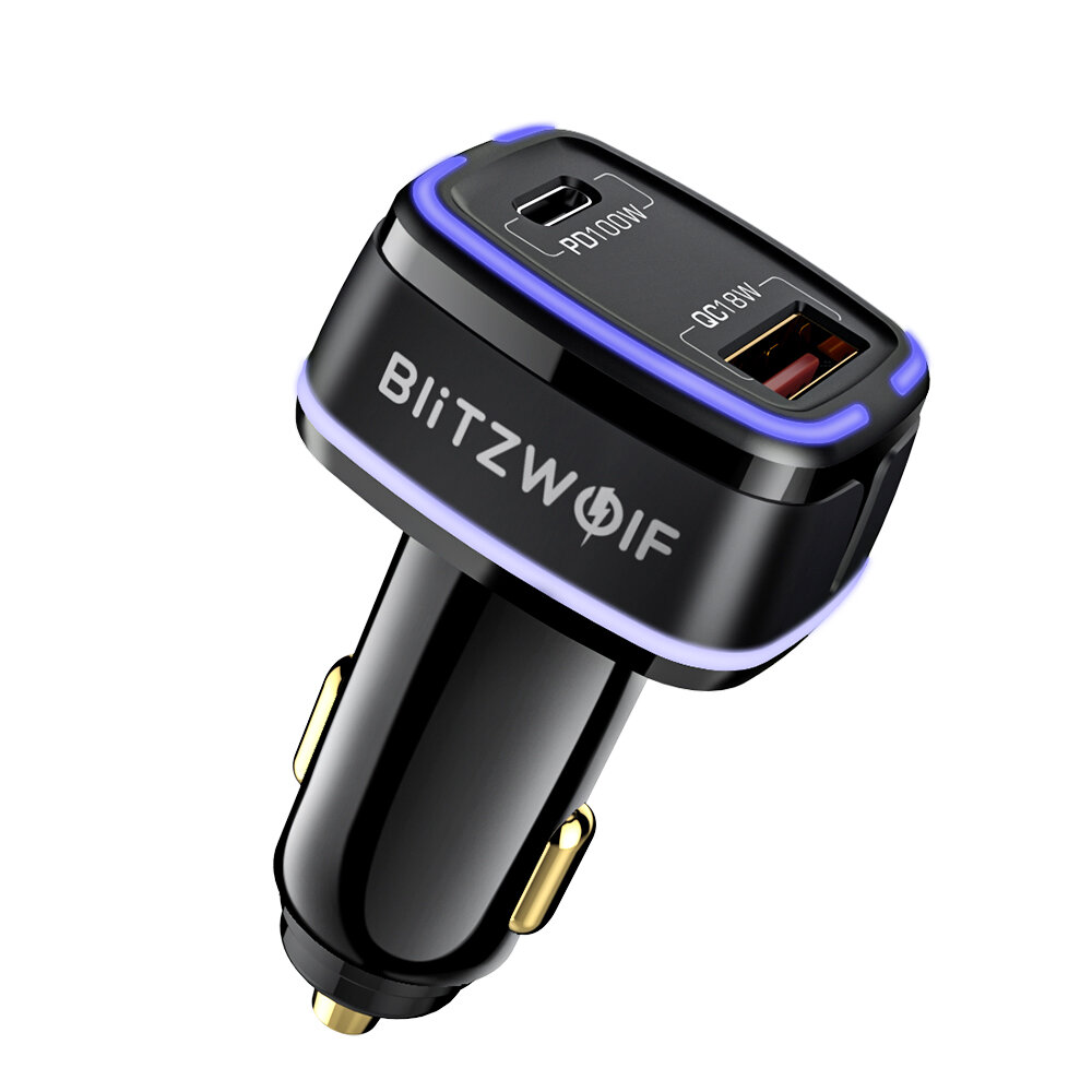 BlitzWolf® BW-SD8 118W 2-Ports 100W USB-C PD3.0 + 18W QC3.0 USB Car Charger Adapter Support AFC FCP SCP VOOC Fast Charging With LED Atmosphere Light for iPhone 13 13 Mini 13 Pro Max for Samsung Galaxy Note 20 Huawei Mate 40 OnePlus 9 Pro
