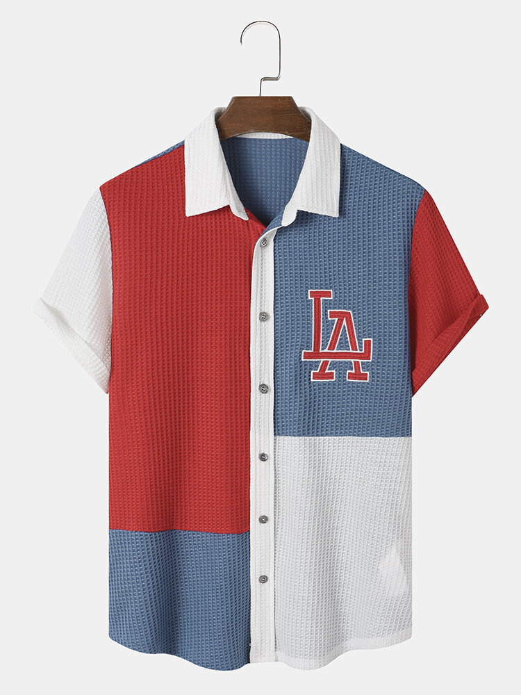 Heren LA Print Colorblock Wafels Textuur Korte Mouwen Front Button Casual Shirts
