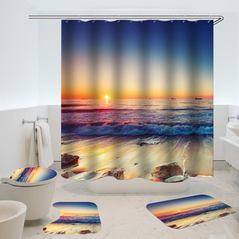 

Waterproof Shower Curtain Non-Slip Rug Three SetBathroom Decor Blue Ocean Sunset