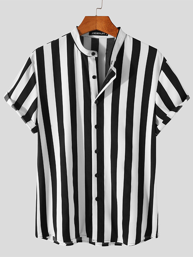 Heren Vintage opstaande kraag gestreepte shirts met korte mouwen