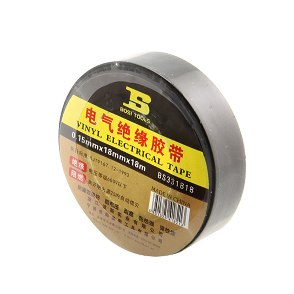 BOSI 18mmx18m PVC zelfklevende isolatie elektrische tape Vlamvertragende tape zwarte kleur