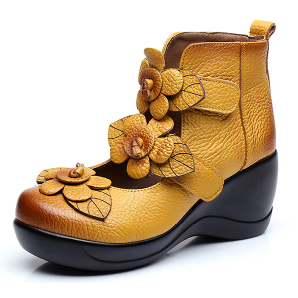 56% OFF on SOCOFY Women Genuine Leather Flower Retro Hook Loop Platporm Shoes