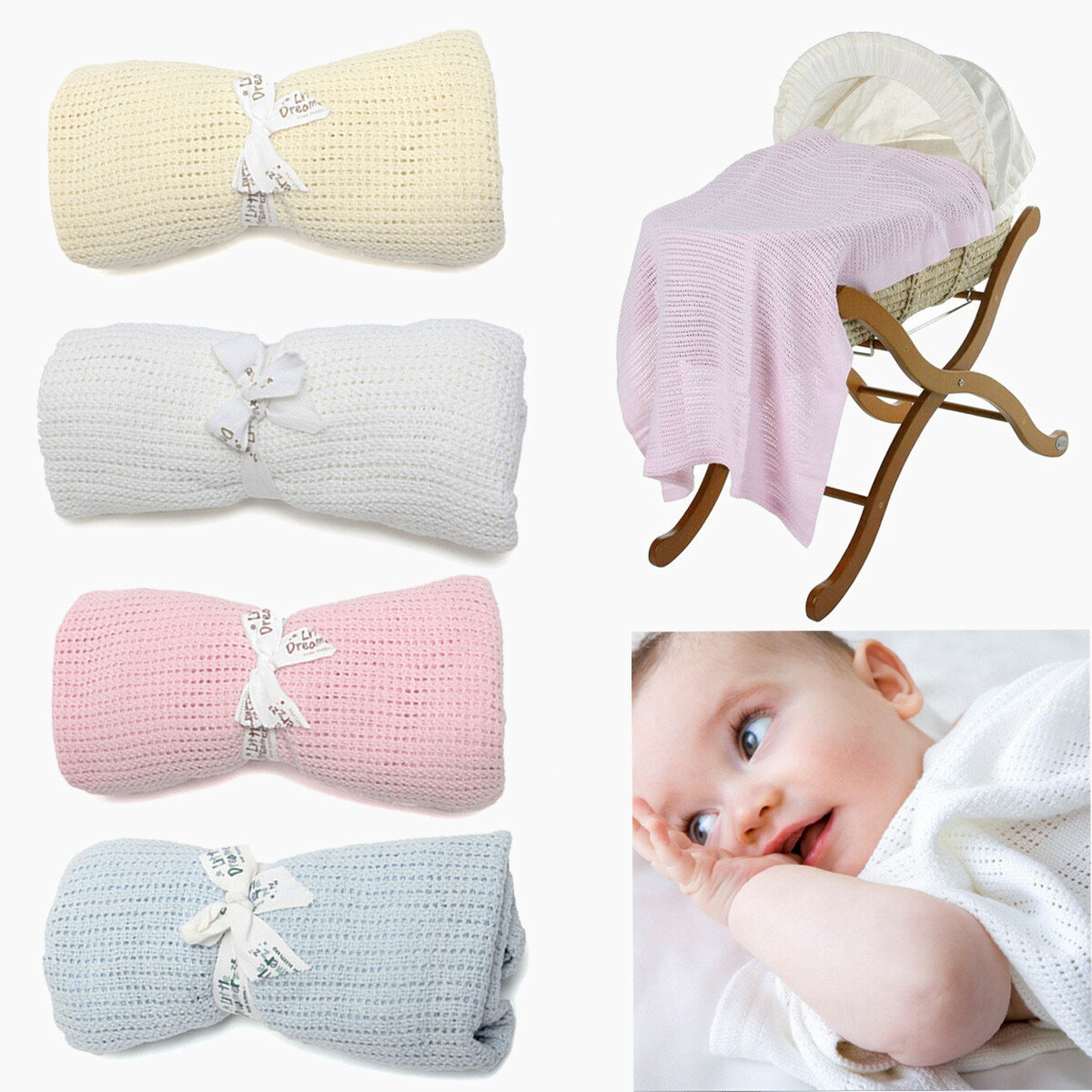 100% Cotton Baby Soft Cellular Blanket Moses Basket Crib Pram Cot Bed 75 x 100cm