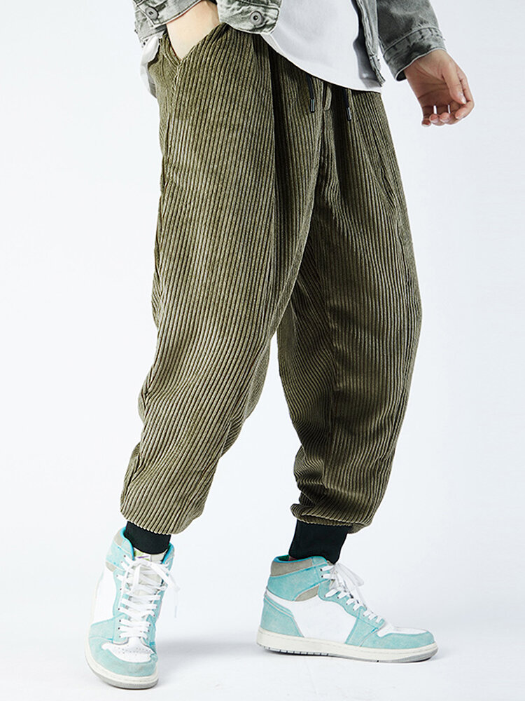 Mens Corduroy Drawstring Waist Casual Cuffed Jogger Pants With Pocket