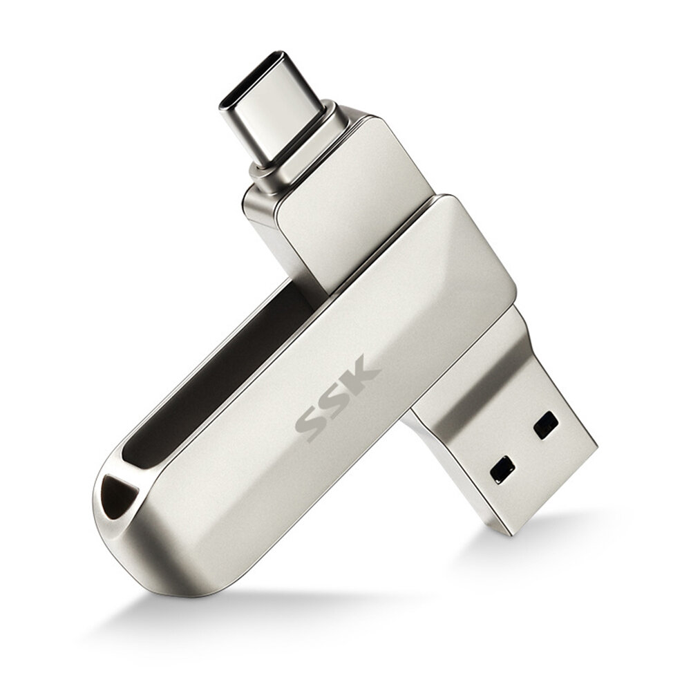 SSK 2 IN 1 Type-C USB 3.0 Flash Drive 360? Rotation Zinc Alloy USB Disk 32G 64G 128G 256G Portable T