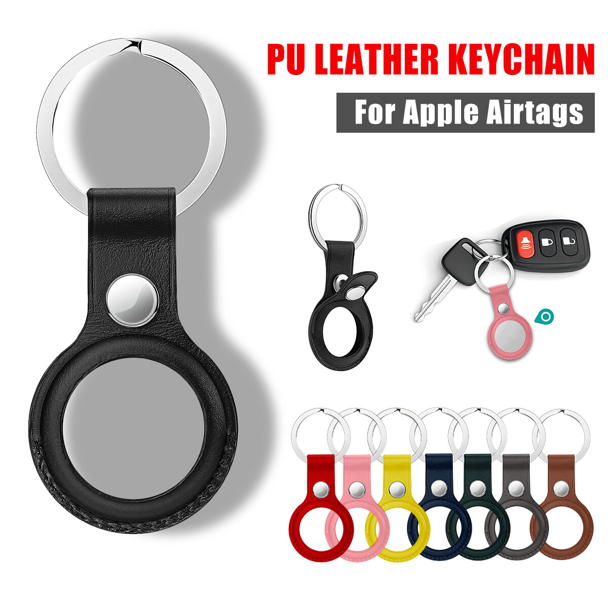 Portable Pure PU Leather Protective Cover Sleeve with Keychain for Apple Airtags bluetooth Tracker