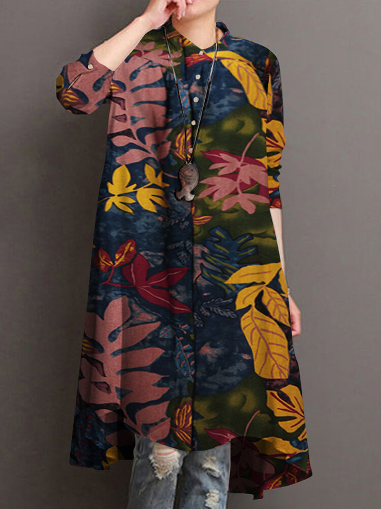 Women 100% Cotton Floral Print Button Down Front Asymmetrical Hem Vintage Shirt Dress