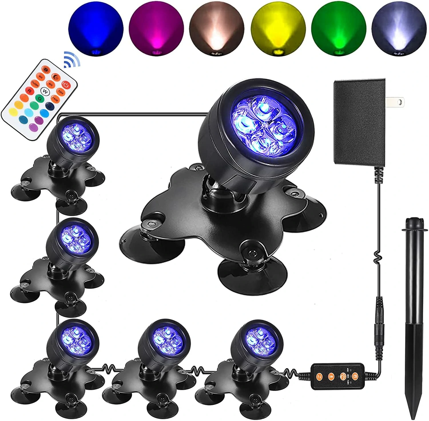 LED Pond Lights Led Underwater Fountain Submersible, Outdoor Indoor IP68 Waterproof Landscape Spotlights, 4 Bright LED with 13 Colors for Tree, Flag, Yard, Lawn, Pond – EU Plug