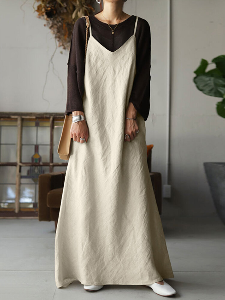 Women Cotton Sleeveless V-Neck Adjustment Straps Maxi Dress