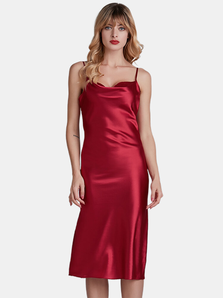 

Spaghetti Adjustable Straps Backless Satin Glossy Nightgown