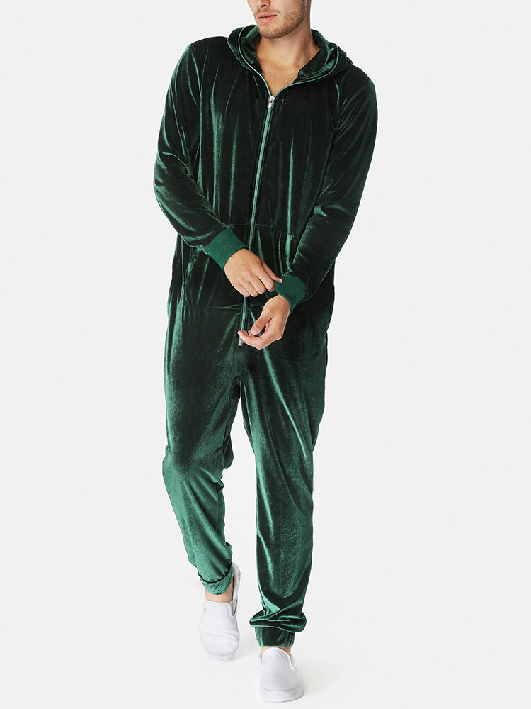 

Mens Velvet Zip Front Solid Hooded Onesies Soft Pajamas With Pocket