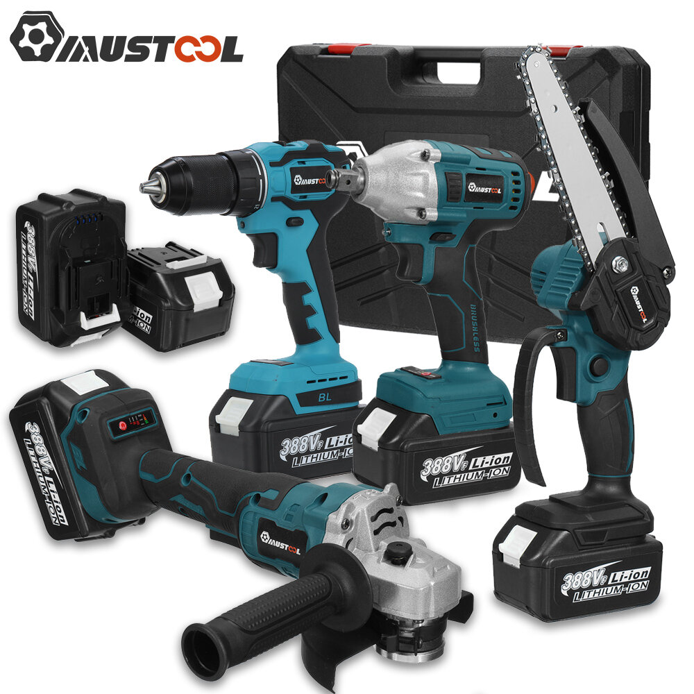 MUSTOOL 10-cell Angle Grinder + 2-head Electric Wrench + 6-inch Brushed Chainsaw + 13mm Electric Dri
