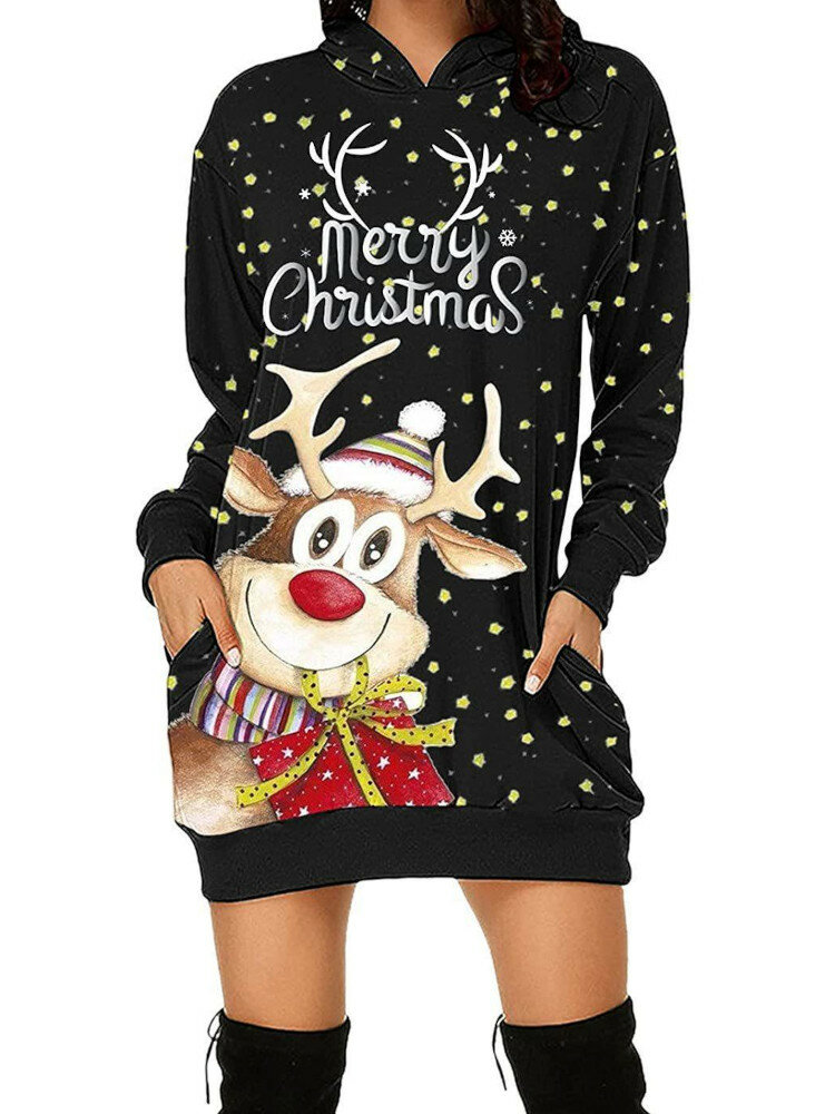 Dames Kerst Cartoon Patroon Pocket Print Star Spot Sweatshirt met lange mouwen en capuchon