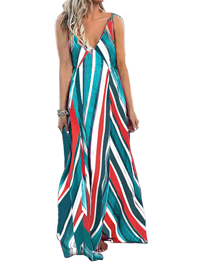 Bohemian sleeveless strap stripe swing long maxi dress Sale - Banggood.com