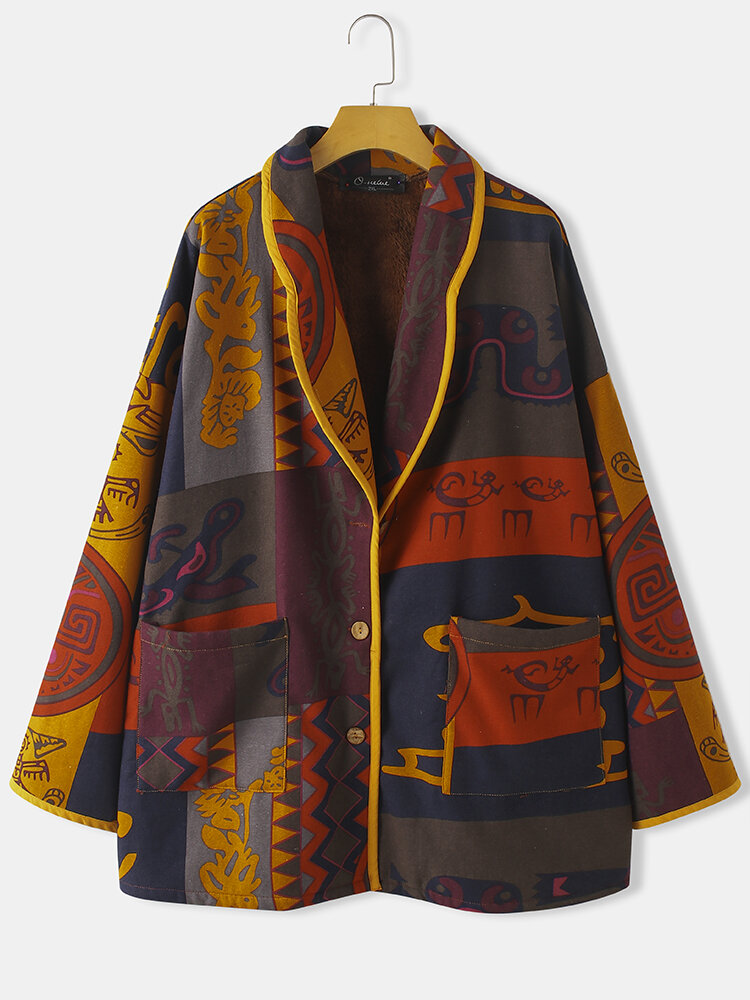 

Plus Size Women Ethnic Pattern Print Button Up Lapel Plush Lined Warm Coats