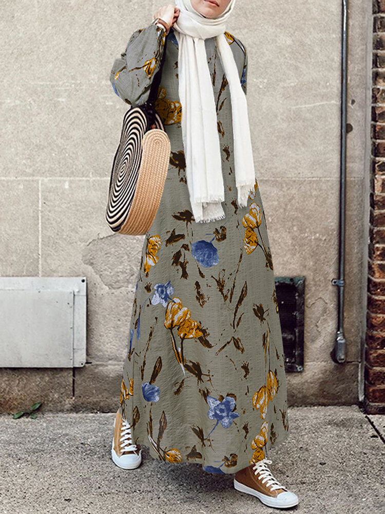 Dames bloemenprint ronde hals lange mouw Kaftan maxi-jurken met zak