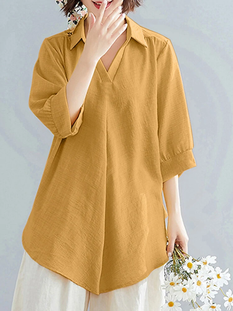 Solid ruched asymmetrical lapel casual loose blouse