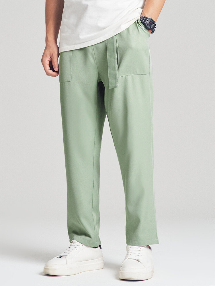 Mens Solid Color Daily Belted Trousers With Pocket