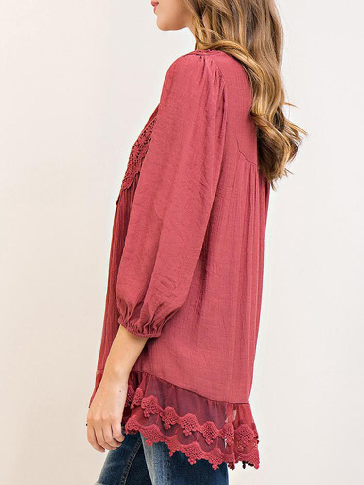 Women solid color lace patchwork 3/4 sleeve blouse Sale - Banggood.com
