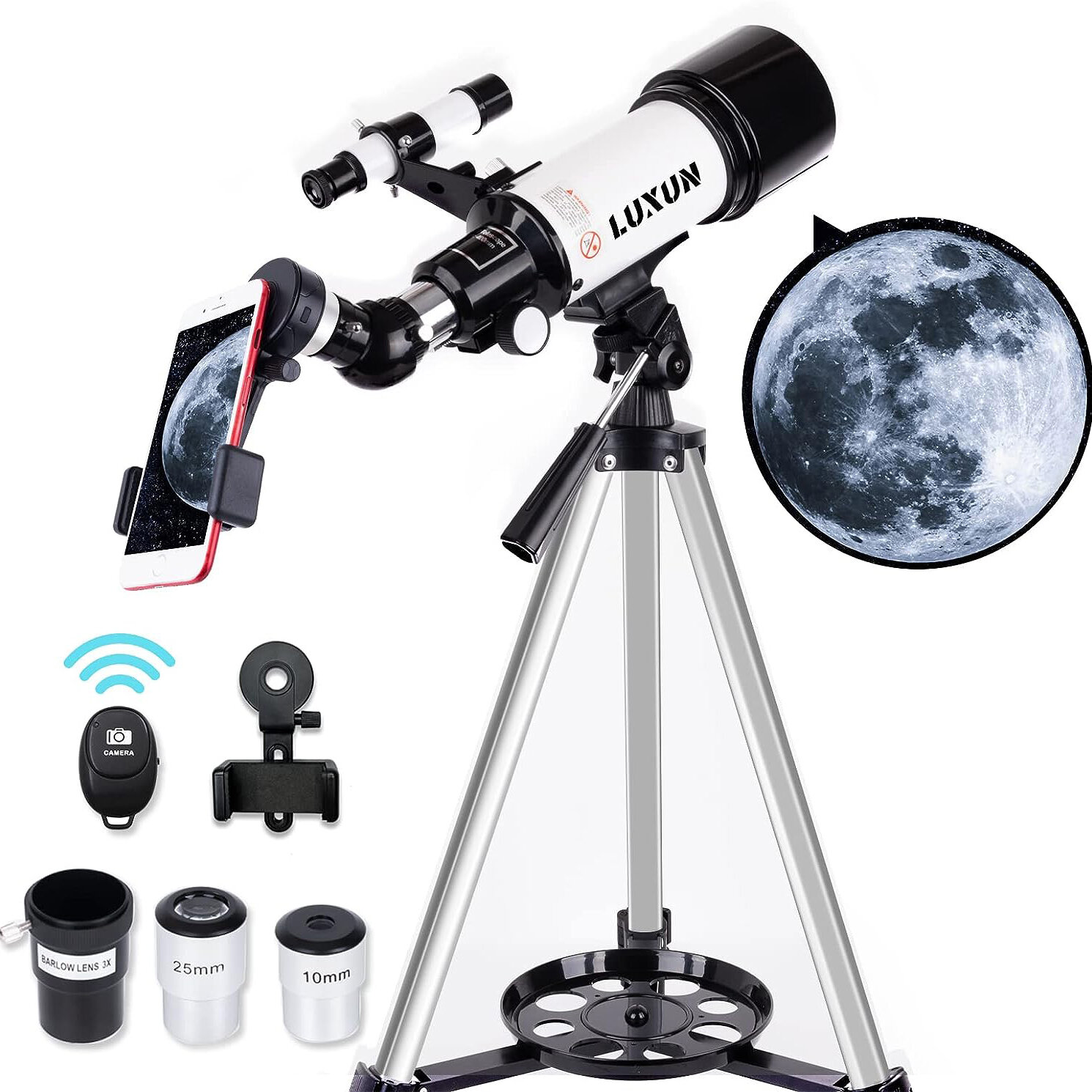 LUXUN teleszkóp az asztrofotós kezdőknek,gyerekeknek és felnőtteknek,70mm átmérőjű 400mm-es fókuszhosszú asztrofotós hordozható teleszkóp - utazó teleszkóp telefon adapterrel vezeték nélküli bluetooth