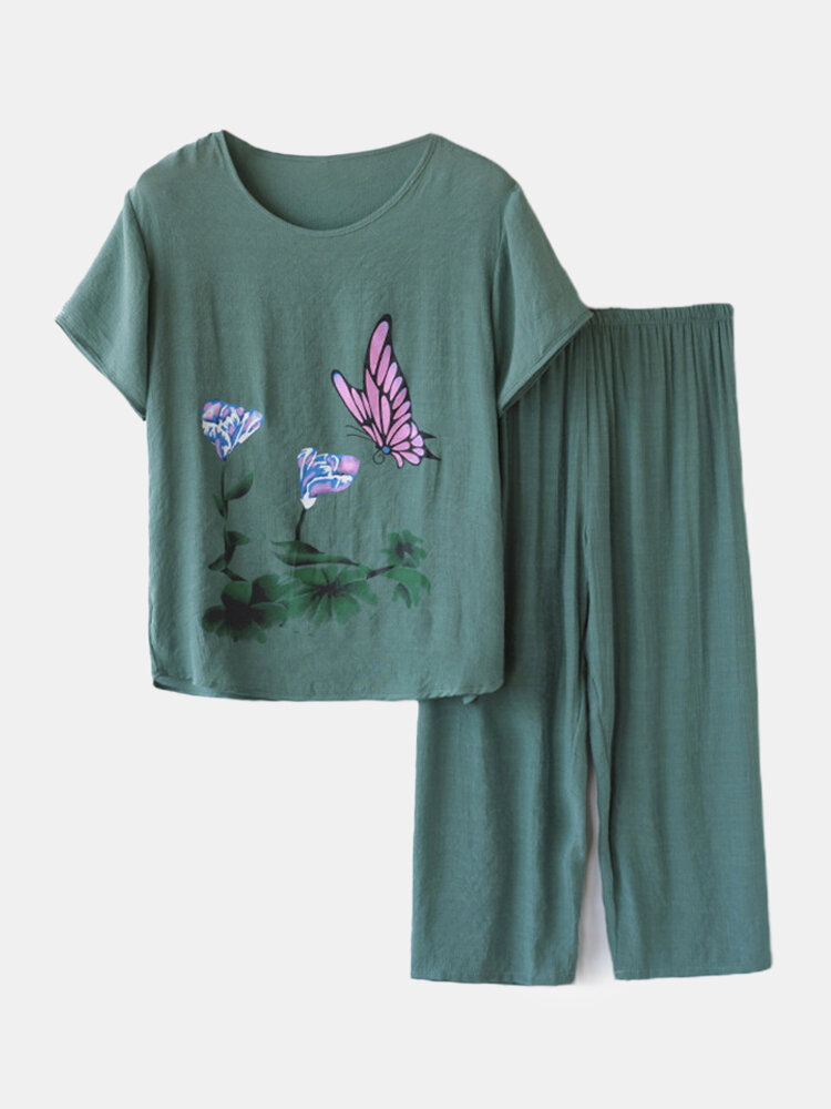 Women Butterfly Flower Print Loungewear Loose Breathable Summer Pajamas
