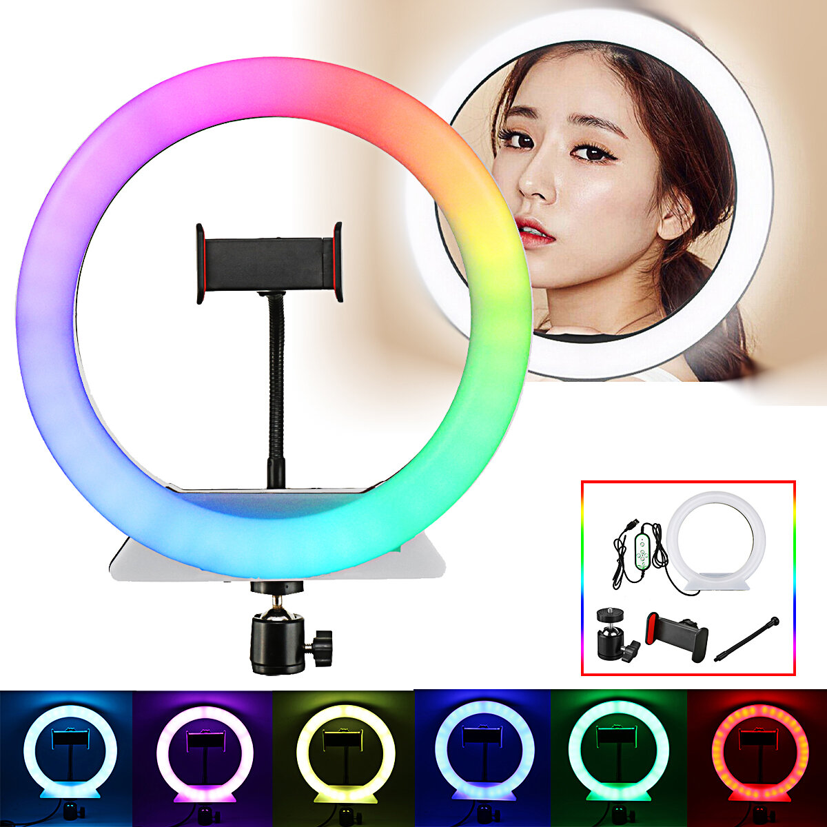 2800-6500K Stepless Dimming RGB Color LED Ring FillLight Lamp with Phone Clip Photography Lighting